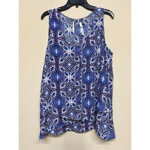 NY Collection Woman Sleeveless Blouse 1X Blue Red Paisley Keyhole Tank Top